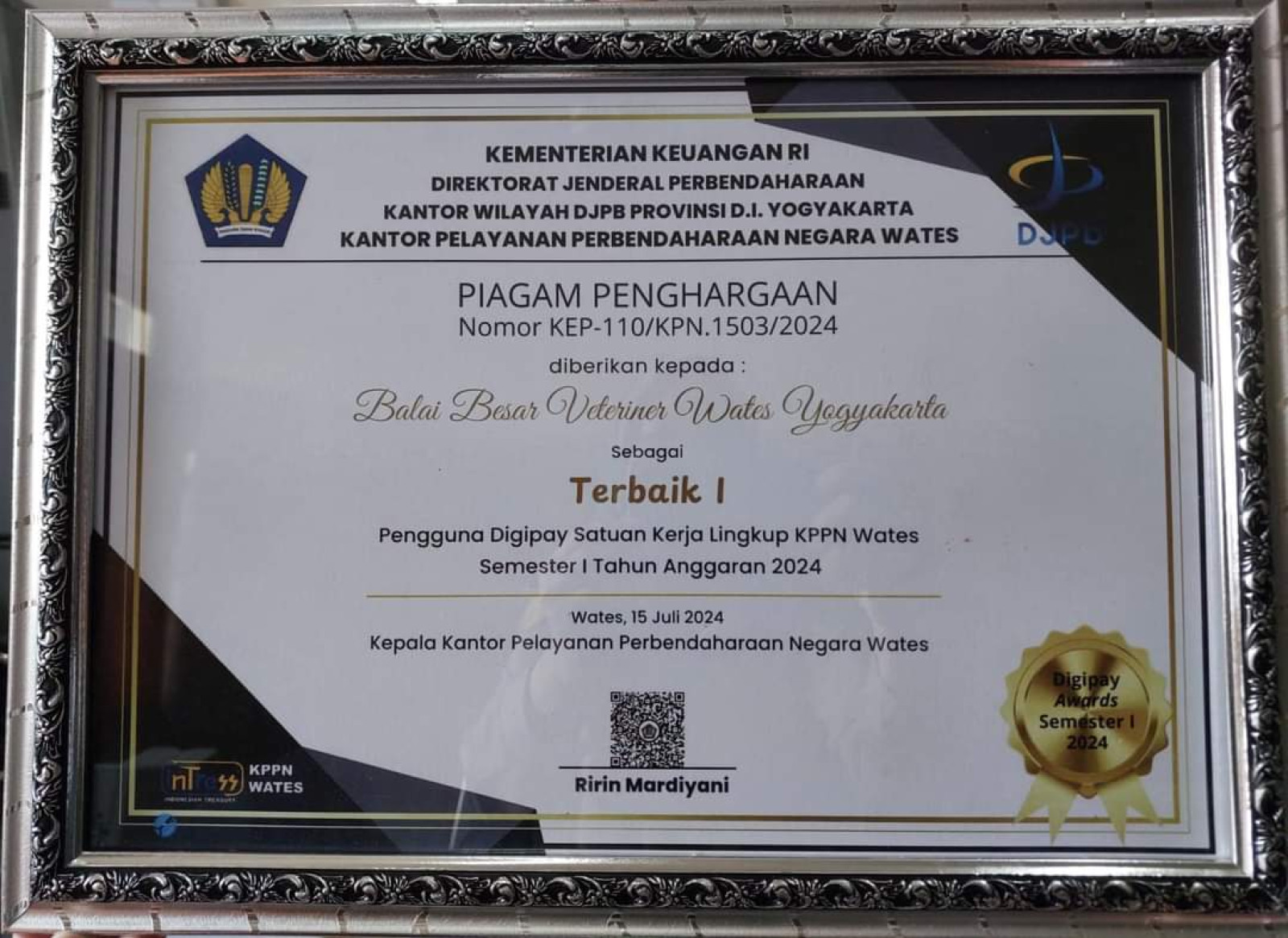 penghargaan sebagai Terbaik 1 Pengguna Digipay